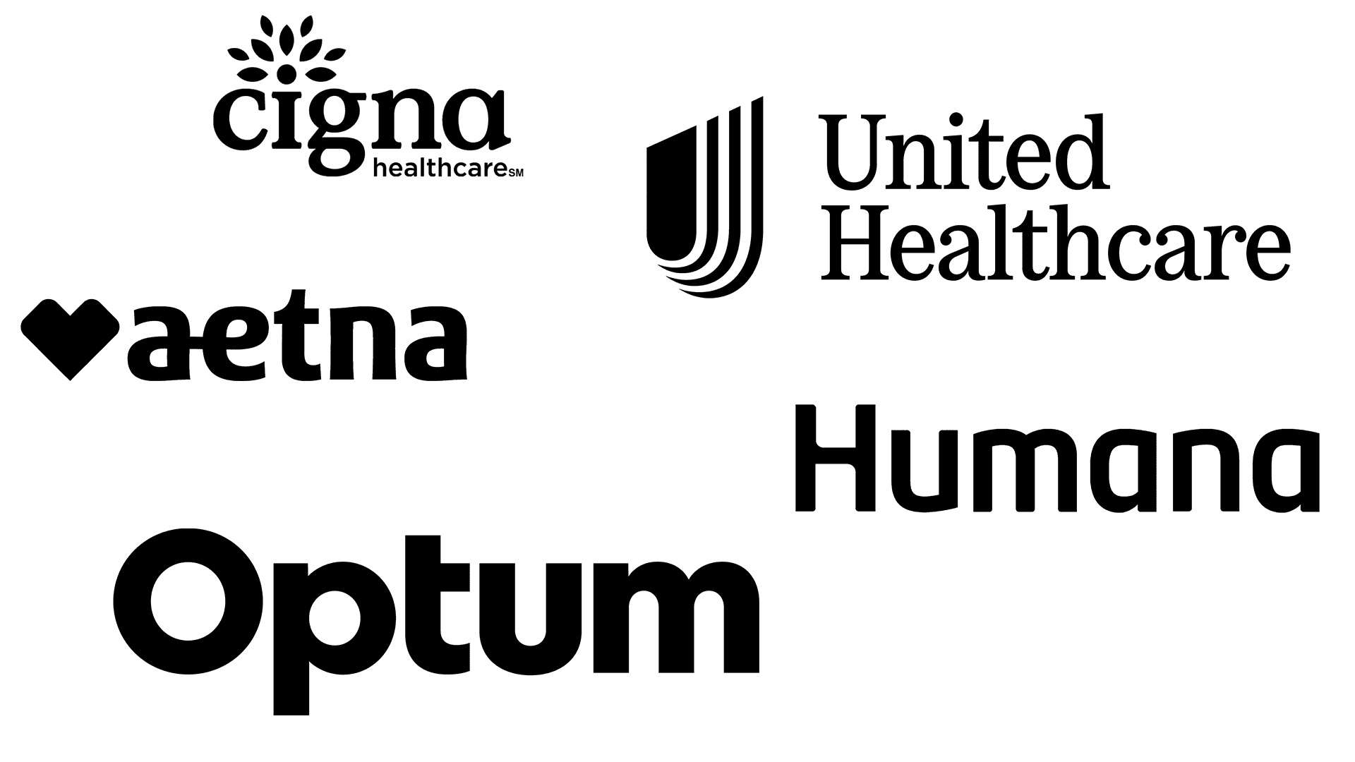 Logos of accepted insurance networks including Cigna, United Healthcare, Aetna, Humana, and Optum